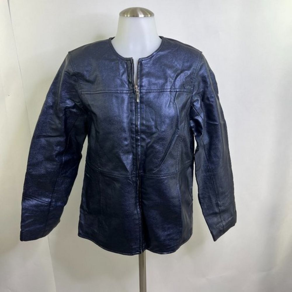 Susan Graver Jacket XS‎ Faux Leather Blue Metallic Full Zip Solid Pleather Used.